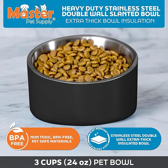 Master Pet Supply Stainless Steel Slanted Dog Cat Food Bowl - 24 oz Heavy Duty - Black Velvet, Double Wall Insulated, Non-Slip Elevated Bowl for French Bulldogs Pugs Cats, Anti Rust Dishwasher Safe