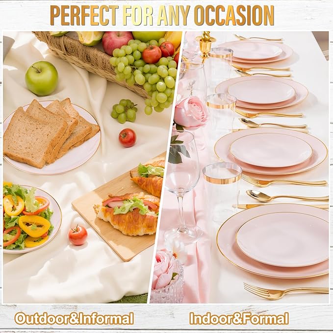 Nervure 100Pieces Pink and Gold Plastic Plates - 7.5inch Disposable Pink Salad/Dessert Plates - Heavy Duty Plastic Plate Ideal for Wedding & Party