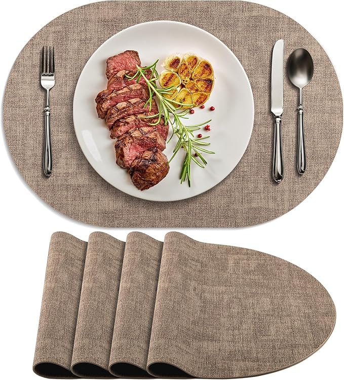 Placemats Set of 4 Non-Slip, Heat Resistant Oval Faux Leather Place mats Double Layer, Waterproof Table Mats Easy to Clean for Kitchen Dining Room Coffee Office Table, Apricot