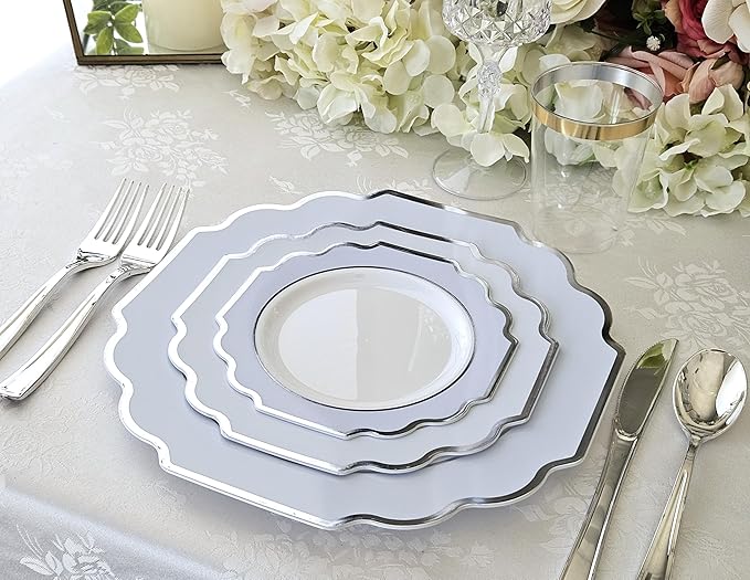 " OCCASIONS " 50 Plates Pack (25 Guests)-Heavyweight Wedding Party Disposable Plastic Plate Set -(25x10.5'' Dinner + 25x8'' Salad/dessert (Imperial in White/Blue & Silver)