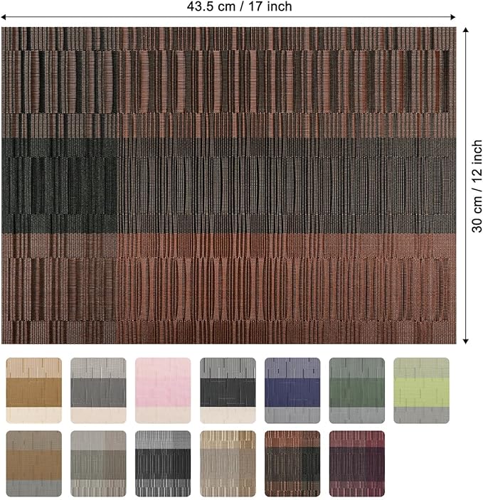 Placemats Set of 8, Vinyl Woven Place Mats Indoor Set of 8 Washable Wipeable PVC Table Mats Heat-Resistant Non Slip Plastic Placemat for Kitchen Dining Outdoor Table (Black Brown, Set of 8)