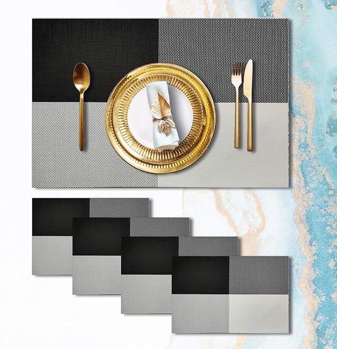 Placemats Set of 4 - Washable Woven Vinyl Placemats, Heat Resistant, Non-Slip, Easy to Clean Water Resistant Table Mats for Indoor/Outdoor Dining, Kitchen, Patio (4, Black White Square)
