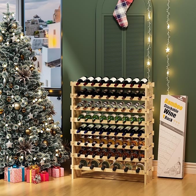 Wine Rack Freestanding Floor, Bamboo 8-Tier 69 Wine Bottle Holder Racks Countertop Cabinet Display, Wooden Stackable Modular Wine Storage Organizer Shelves for Kitchen Bar Cellar Dining Room Natural