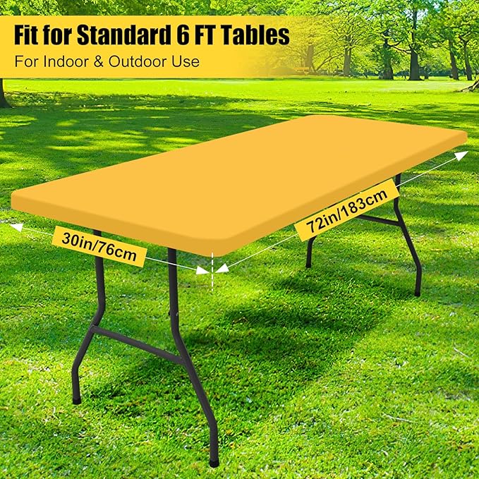 Smiry Rectangle Picnic Table Cloth, Waterproof Elastic Fitted Tablecloths for 6 Foot Tables, Washable Polyester Table Cover for Camping, Indoor and Outdoor (Mustard Yellow, 30"x72")