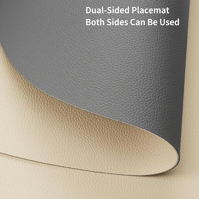 Myir JUN Round Placemats Set of 6 Faux Leather Place Mats and Coasters 15 inch Round Table Mats Dual Sided Non-Slip Stain Resistant Placemats (Gray & Wheat, Set of 6)