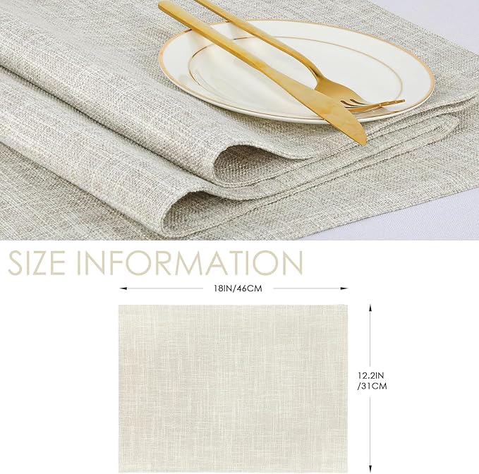 Beige Cloth Placemats Set of 6 - Washable Dining Table Mats Cloth Place Mats for Kitchen Place Mats Rectangle Farmhouse Fall Placemats for Indoors & Outdoors, Easy to Clean 12 x 18 Inch