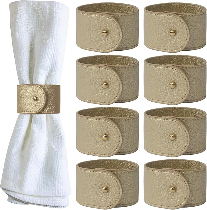 Luxury Leather Napkin Rings Set of 8, Gold, Morgan Faux Style, Modern Cuff Design for Wedding Party Decorations, Kitchen, Holiday Table,Rust Proof,Hotel, Home, Table Accessories, Dining