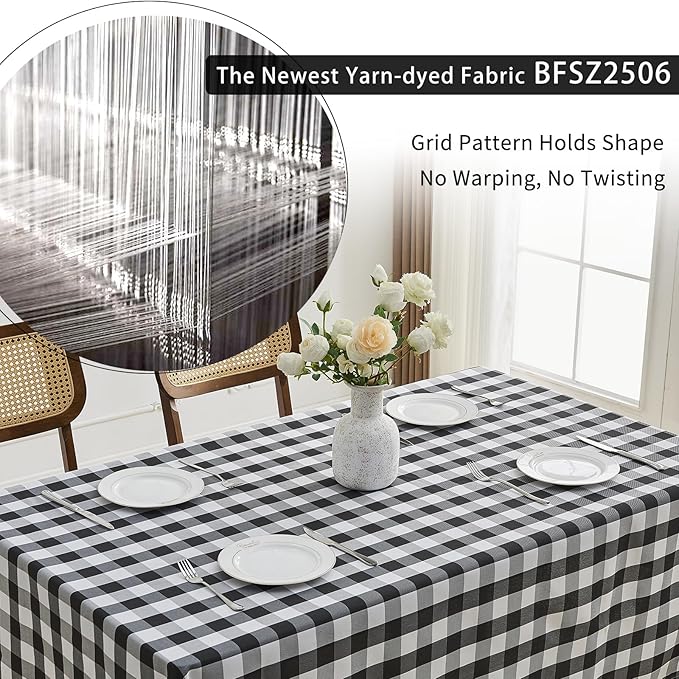 BALCONY & FALCON Gingham Table Cloth Rectangle – Machine Washable Wrinkle-Free Buffalo Checkered Tablecloth for 6ft 8ft Tables, Outdoor Picnic, Party, Kitchen Dining Decor (Black White, 55x71 Inch)