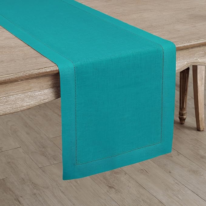 Solino Home Linen Hemstitch Table Runner 48 Inches - 100% Pure Linen Teal Table Runner 14 x 48 Inch Ideal for Dresser and Coffee Tables - Classic Hemstitch