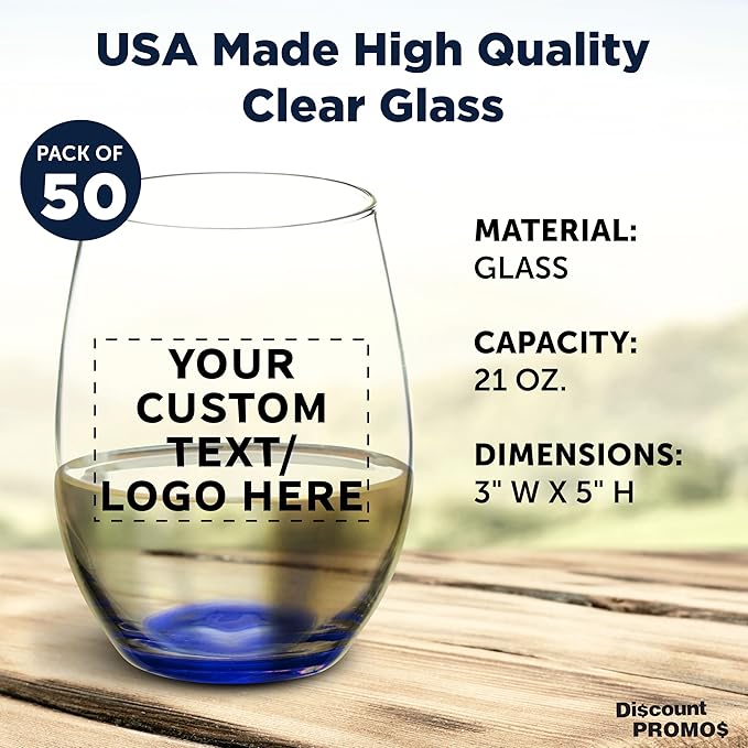 DISCOUNT PROMOS 50 ARC Stemless Wine Glasses Set, 21 oz. - Customizable Text, Logo - Chardonnay, Cabernet, Merlot, Sauvignon - Blue