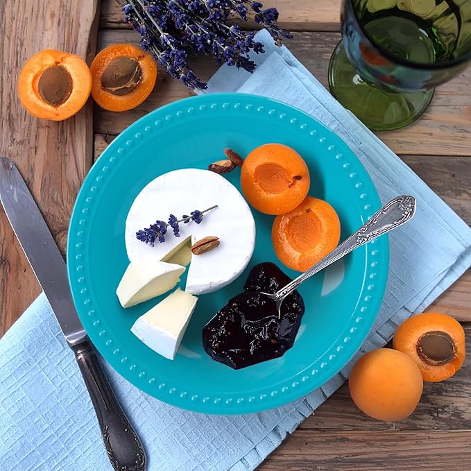 Melamine Beaded Appetizer/Salad/Dessert/Side Plates, Aqua, Set of 6, 8.5 inch, Platter, Serving Dishes, Kid-Friendly, Chip and Break-Resistant, Durable, for Indoor and Outdoor, Dishwasher Safe