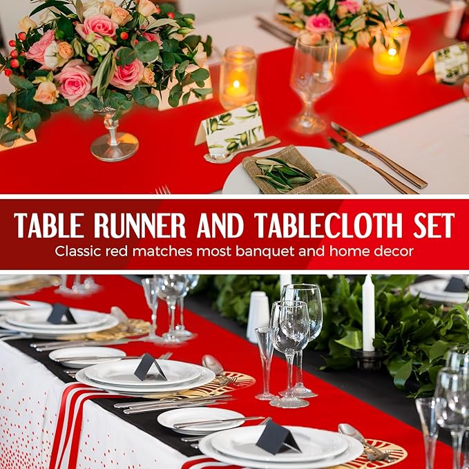 Breling 8 Pack White and Red Disposable Plastic Tablecloths and Satin Table Runner Set, 54 x 108 Inch Tablecloth, 12 x 108 Inch Table Runners for Wedding Graduation Birthday Baby Shower