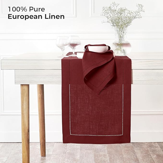 D'Moksha Homes Linen Dark Red Table Runner 108 Inches Long - 100% Pure Linen 14 x 108 Inch Table Runner for Valentines, Spring - Classic Hemstitch