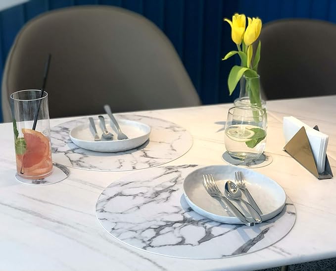 Marble Round Placemats and Coasters, Faux Leather Waterproof Table Mats, Easy to Wipe Off for Kitchen Dining Round Table