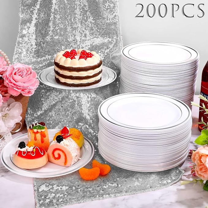 Sieral 200 Pieces Disposable Plates Plastic Party Plates with Rim Hard Plastic Appetizer Salad Dessert 7.5 Inch Elegant Heavy Duty Tableware for Dinner Wedding Party Supplies(Silver Rim)