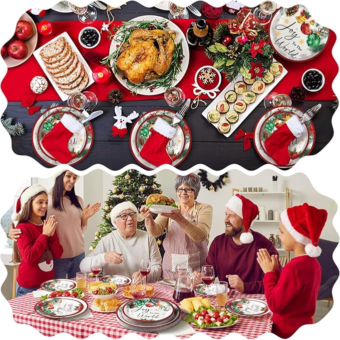 48 Pcs Christmas Paper Plates Include 9 Inch Joy to The World Plate 7 Inch Watercolor Pine Xmas Ball Plate for Holiday Party Supplies