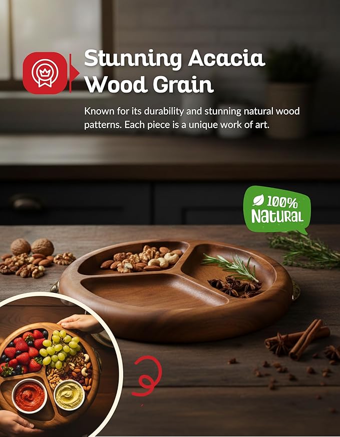 Multi-Purpose Serving Tray – Acacia Wood Round Decorative Tray with Golden Handles – Charcuterie, Snack, Breakfast, Coffee & Tea Platter for Parties & Home Decor