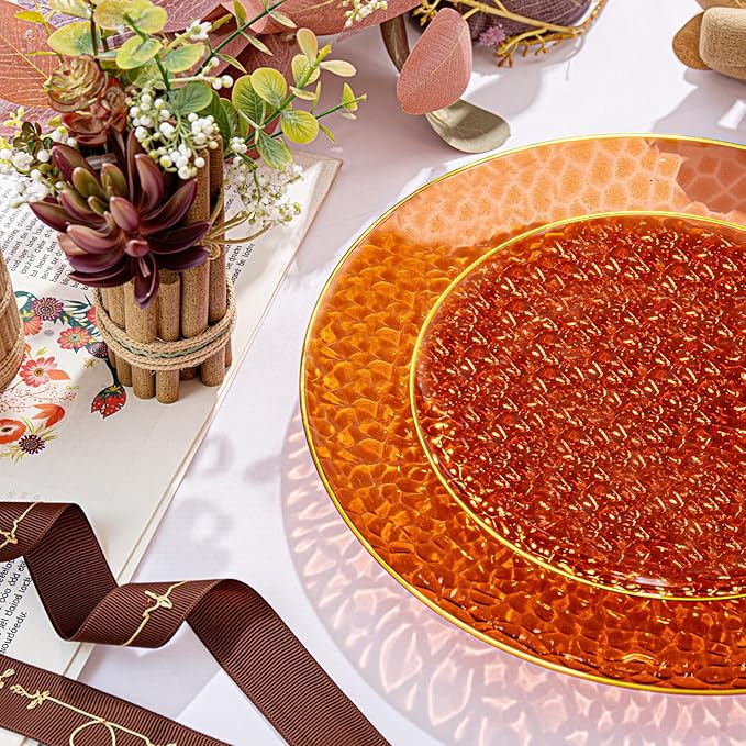 Rubtlamp 60Pcs Amber Plastic Plates - Brown Disposable Plates With Gold Rim, Clear Heavy-duty Party Plates, Hammered Plates Include 30 Dessert Platos, 30 Dinner Platos for Party
