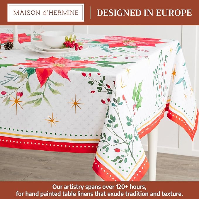 Maison d' Hermine Table Cloth Rectangle Table 100% Cotton 60 x 120 Inches Fall Tablecloth Reusable Everyday Use for Thanksgiving Christmas Decorations Dining Farmhouse Party (Poinsettia Christmas)