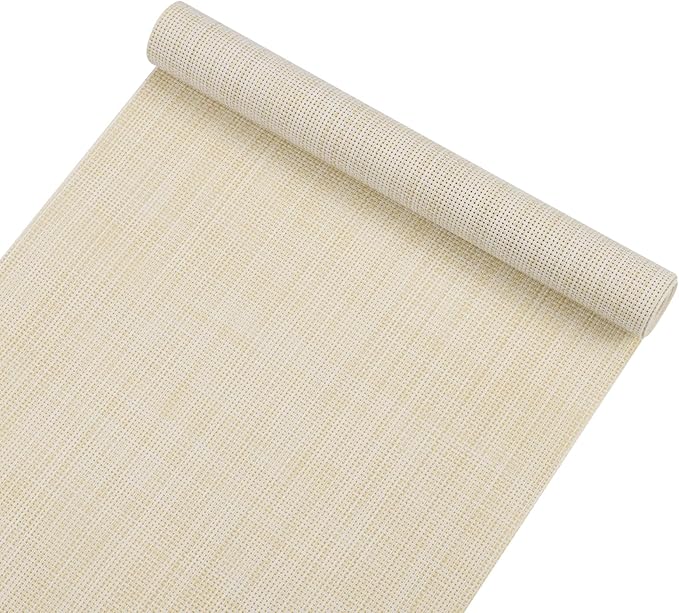 SHACOS Woven Vinyl Table Runner PVC Table Runners 12 x 54 inch Wipeable Plastic Heat Resistant Runner for Table Indoor Outdoor, Beige White