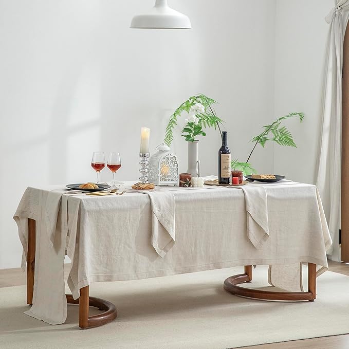 EVERLY Pure Linen Hemstitch Tablecloth,100% Stonewashed French Linen tablecloths for Kitchen Dining Rectangle Tables,60x108Inch Machine Washable Christmas Thanksgiving Organic Tablecloth-Natural Linen