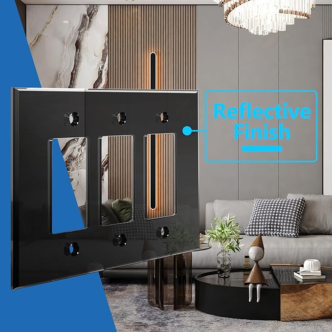 LIDER Reflective Acrylic Decorator Wall Plate, Mirrored Light Switch Plate, Plexiglass Outlet Cover, Acrylic Glass, Oversized 3-Gang 5.25" x 7.06", LWP-33O-ABK5P, Black, 5 Pack