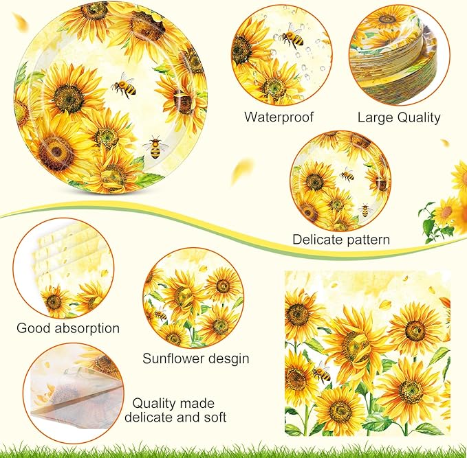 Pickmesh 250 Pcs Sunflower Birthday Disposable Tableware Set Floral Themed Disposable Paper Plates Napkins and Cups for Birthday Wedding Bridal Shower Baby Shower Tea Party Supplies