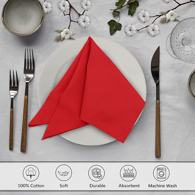 Ruvanti Cloth Napkins Set of 12, 18x18 Inches, 100% Cotton, Washable, Soft & Absorbent, Perfect for Wedding, Christmas, ‎Thanksgiving Dinners - Flame Scarlet