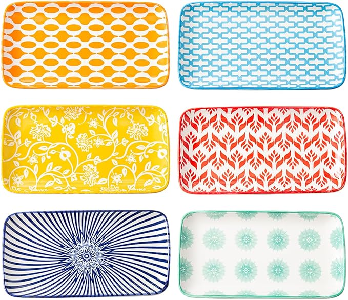 Ceramic Rectangle Salad Plates Set - 8.1" x 4.5" Rectangular Serving Platter - Serving Trays for Sushi Dinner Dessert Pasta Appetizer - Microwave Dishwasher Safe - Set of 6 - Assorted Colors