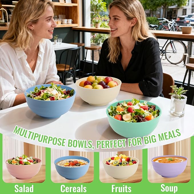 Large Serving Bowls Set of 6, 60 OZ Wheat Straw Bowls Unbreakable, Microwave Safe & Dishwasher Safe, Perfect for Parties, Salads, Noddles, Cereal, Soup, Family Gatherings, Colorful