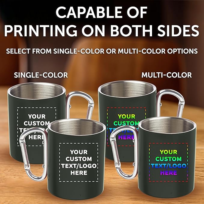 Custom Stainless Steel Mugs with Carabiner Handle 10 oz. Set of 100, Personalized Bulk Pack - Perfect for Coffee, Soda, Other Hot & Cold Beverages - Army Green