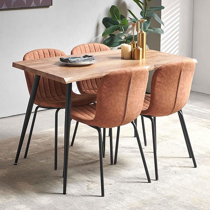 Rectangular Dining Table Set for 4 with PU Leather Chairs - Modern Kitchen Table and Chairs Set for Small Spaces - Brown