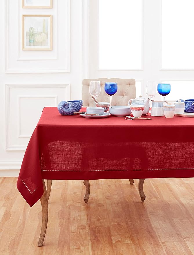 Solino Home Linen Tablecloth 60 x 108 Inch - Classic Hemstitch 100% Pure Linen Red Table Cloth for Rectangle Tables - Machine Washable Tablecloth for Valentines, Winter