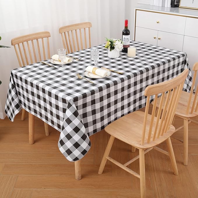 misaya Rectangle Waterproof Vinyl Table Cloth, Buffalo Flannel Backed Tablecloth, Wipeable Plastic Table Cover for Christmas (70" x 108", Black and White)