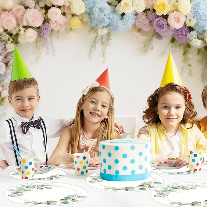 50PCS Eucalyptus & Gold Disposable Paper Placemats 13.5 Inch Spring Summer Round Eucalyptus Leaves Table Mats for Weddings, Bridal Showers & Modern Dining