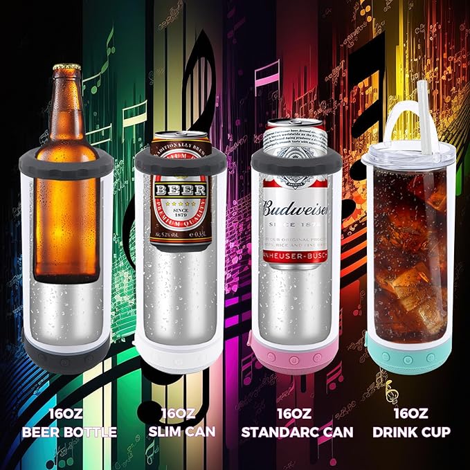 16oz 4pack Musical Speaker Insulated Mug, Straight Musical Mug with Straw, Lid, Reusable Travel Coffee Mug for Men and Women