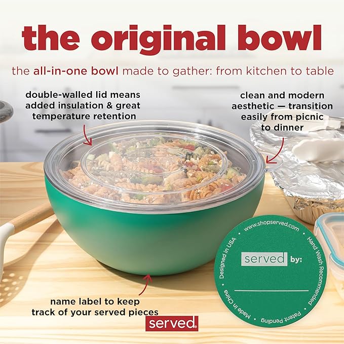 served Large Insulated Serving Bowl with Lid (100oz/3QT) - Double-Walled Stainless Steel Bowl for Hot & Cold Food - Vacuum Insulated, Spill-Resistant Thermal Bowl for Parties, Casseroles, Tailgates