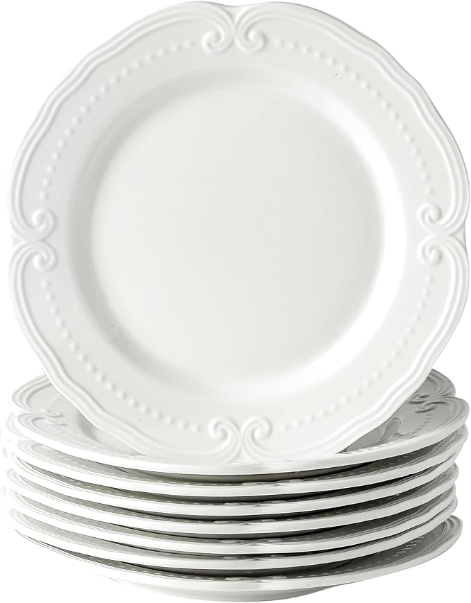 Neaylfe Embossed Salad Plates, 7.8 Inch White Ceramic Plates, The Dessert, Salad, Appetizer, Small Lunch, etc Plate, Restaurant Kitchen Dish, Microwave, Oven, and Dishwasher Safe - Set of 8