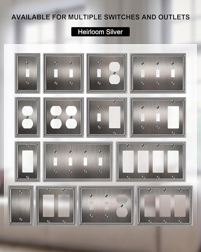4-Pack Single Toggle Light Switch Cover Plate, Pearls Decorative Switch Plate Covers, Silver 1 Gang Metal Wall Plate, Corrosion Resistant