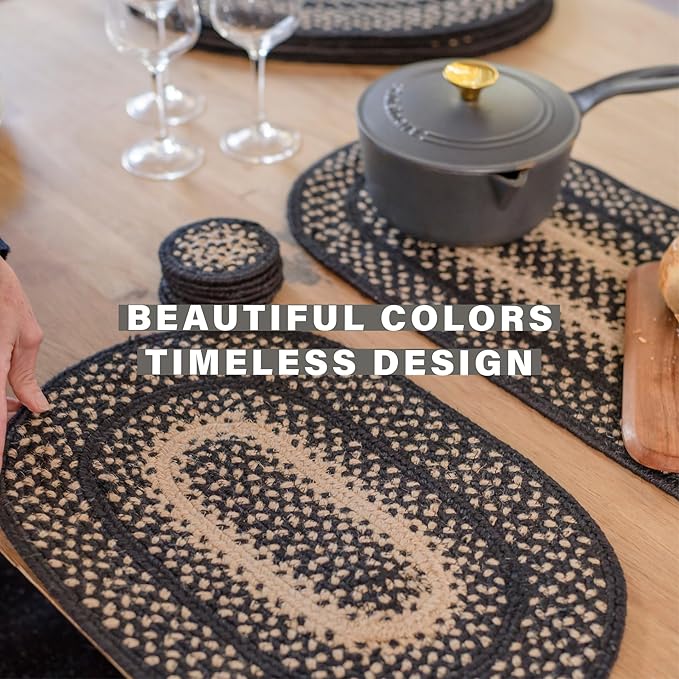 Homespice Manchester Oval Table Runner - 11"x36", Black & Tan - Handcrafted with Jute - Rich Colors, Easy to Clean, Durable and Protects Furniture