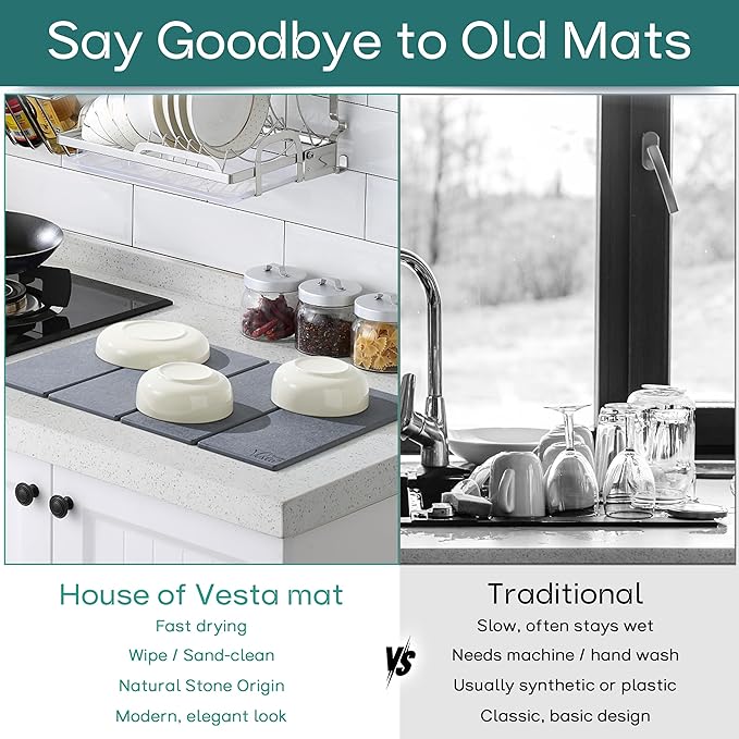 Stone Drying Mat For Kitchen Counter, Diatomaceous Stone Dish Drying Mat For Kitchen - Quick Drying Dish Mat - Water Absorbing Stone Tray, Foldable, Eco-Friendly, Gray Color (23.5 x 15.4")