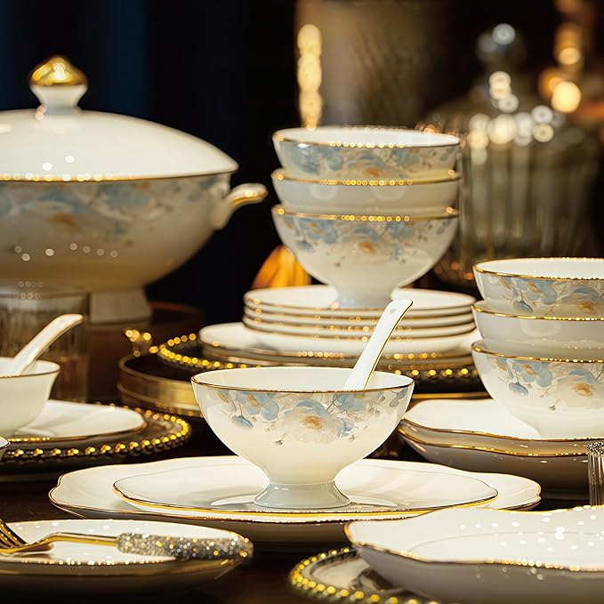Fine Bone China Dinnerware Set,Porcelain&Ceramic Dinnerware Sets,Bone Stoneware & Ceramic Cookware Tableware Set Includes Dinner Plates|Spoons|Pasta Bowls|Soup Pot|Chopsticks (40 PCS)