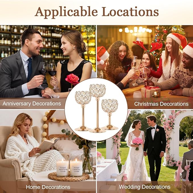 Crystal Candle Holders 2 Set of 6 - Gold Vintage Hollow Ball Candle Stand for Table Centerpiece, Crystal Metal Tealight Candlestick for Wedding, Dining Room Decor