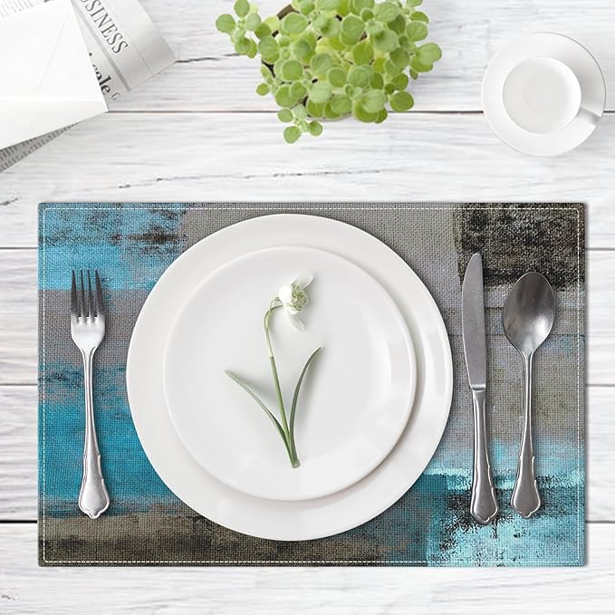 Emvency Farmhouse Placemats Set of 4, Vintage Blue and Grey Art Painting 12x18 Inch Abstract Gray Table Mats for Outdoor Home Party Kitchen Dining Decoration