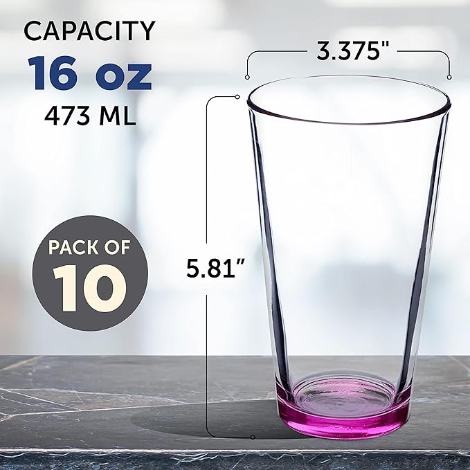 DISCOUNT PROMOS Beer Pint Glasses 16 oz. Set of 10, Bulk Pack - Heavy Duty Glassware for Restaurant, Thick Base and Walls, Stackable - Pink