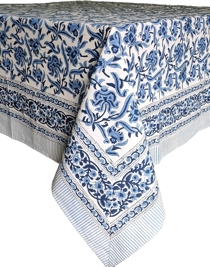 ATOSII Midnight Bloom 100% Cotton Spring Summer Tablecloth, Hand Block Print Rectangle Table Cover for Kitchen Dining Linen I Parties, Outdoors, Wedding, Easter I 72 X 120 Inches I 10 Seater