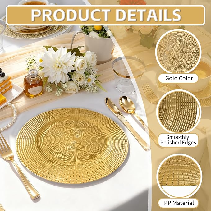 PROY 50 Pack 13" Gold Chargers for Dinner Plates, Round Plastic Chain Shaped Charger Plates,Decorative Gold Chargers for Table Setting, Wedding, Party, Event