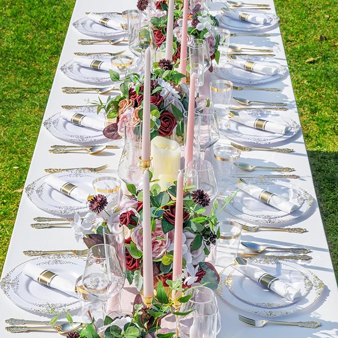 Nervure 175PCS Gold Plastic Plates - Disposable White Gold Party Plates & Pre Rolled Napkins with Cutlery for 25 Guests, 50Plates, 75Silverware, 25Cups, 25Napkin for Wedding & Party