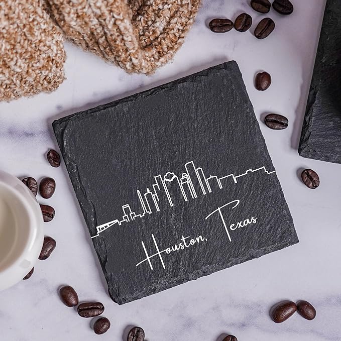 Blue Ridge Mountain Gifts - Houston TX Skyline Coasters, Set of 4 - Houston Texas Souvenir, Slate Coasters with Minimalist Skyline, Housewarming Gift for Friends, Family, & Neighbors