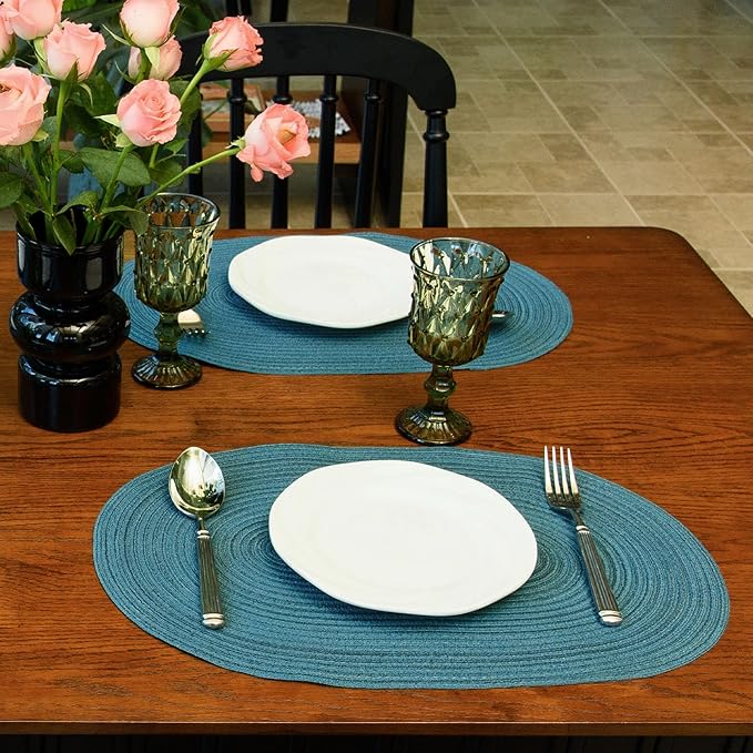 Noctiflorous Oval Braided Placemats Set of 6 Woven 12x18 Inch Non Slip Washable Heat Resistant Place Mats Tablemats for Dining Kitchen Party Daily Table Decor Dinner Mats (Teal Blue, 6)